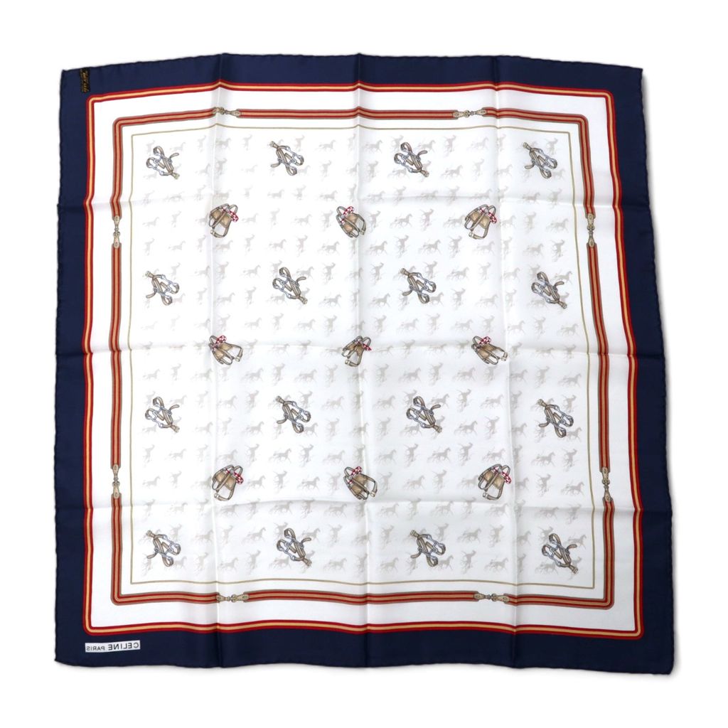 CELINE Sciarpa vintage Made in Italy blu navy bianca in seta fantasia equestre a tutto campo, mai usata.