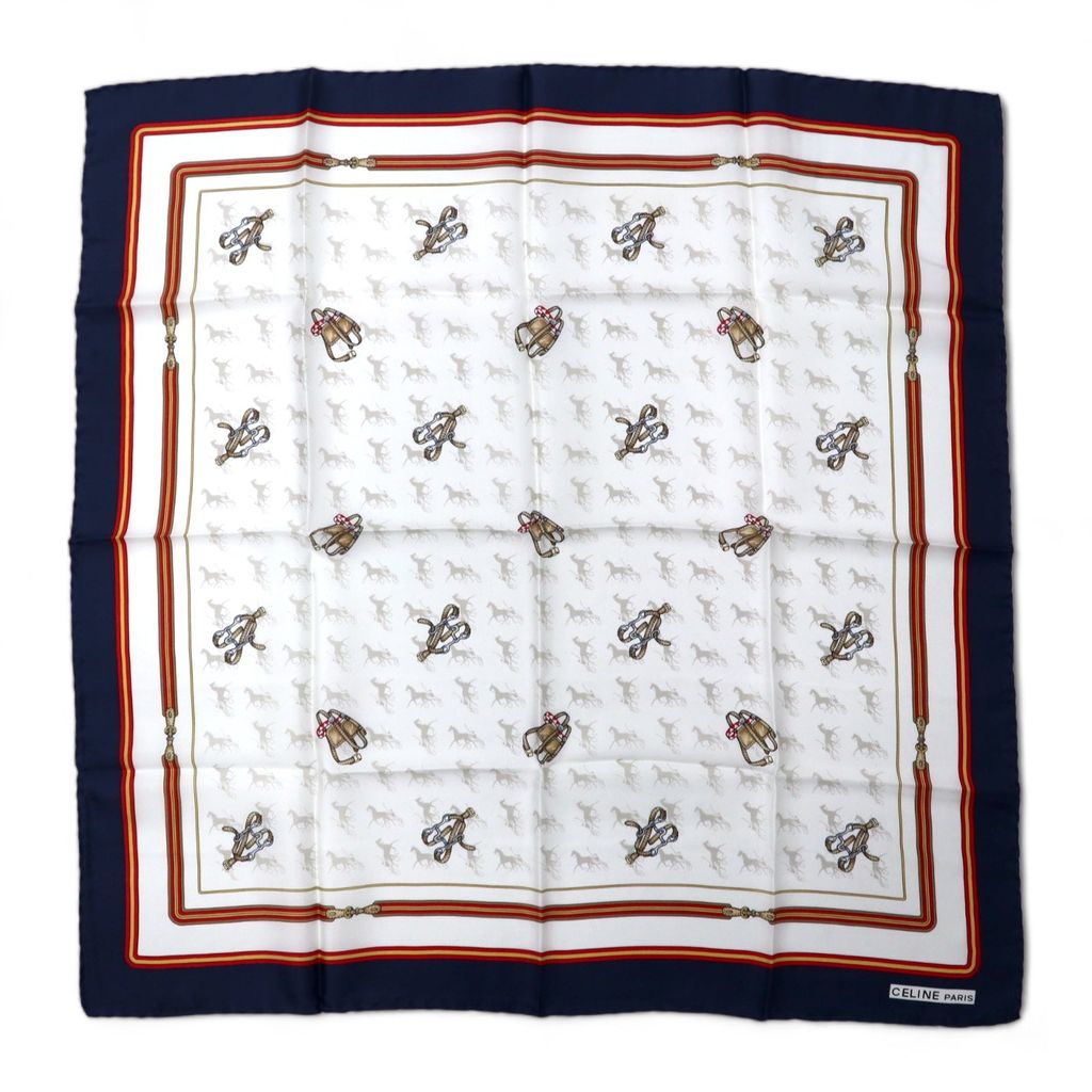 CELINE Sciarpa vintage Made in Italy blu navy bianca in seta fantasia equestre a tutto campo, mai usata.
