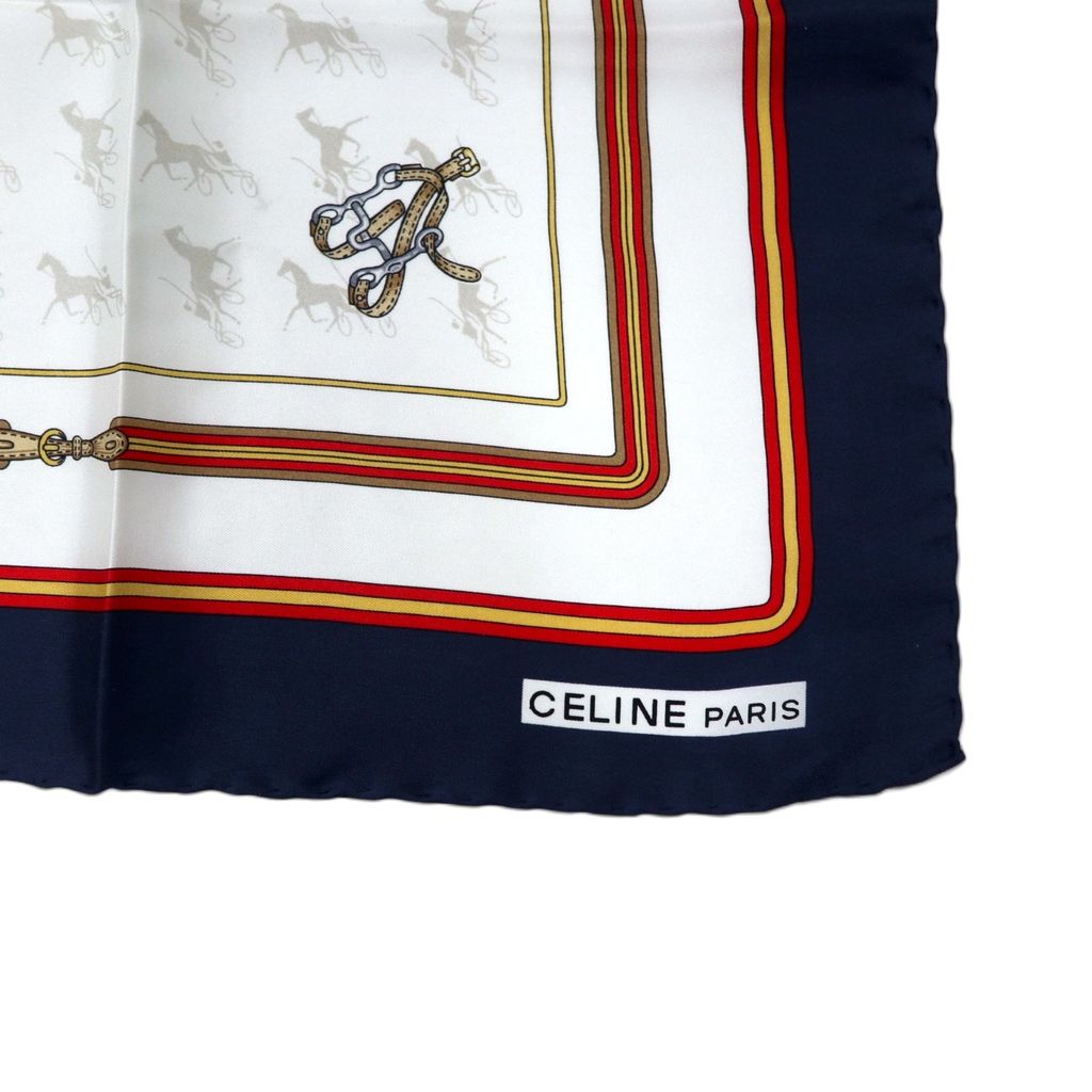 CELINE Sciarpa vintage Made in Italy blu navy bianca in seta fantasia equestre a tutto campo, mai usata.