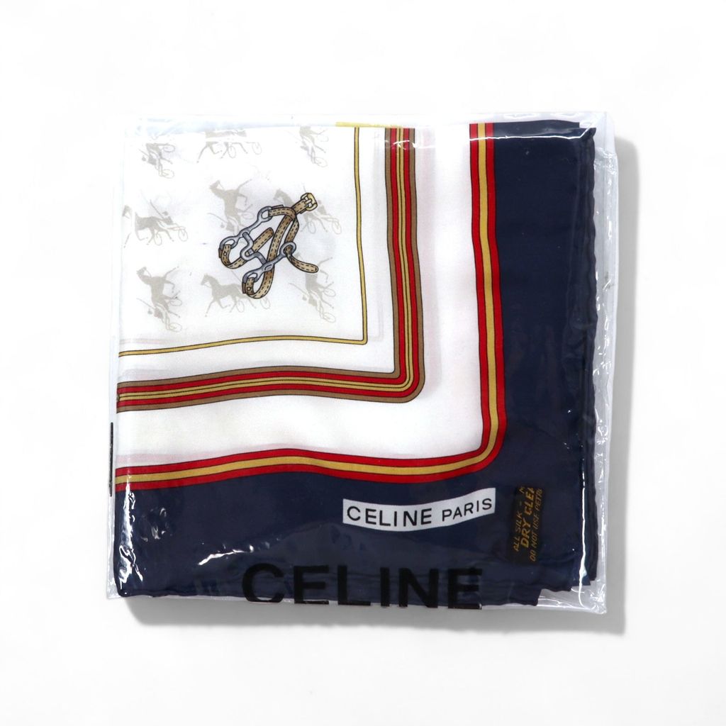 CELINE Sciarpa vintage Made in Italy blu navy bianca in seta fantasia equestre a tutto campo, mai usata.