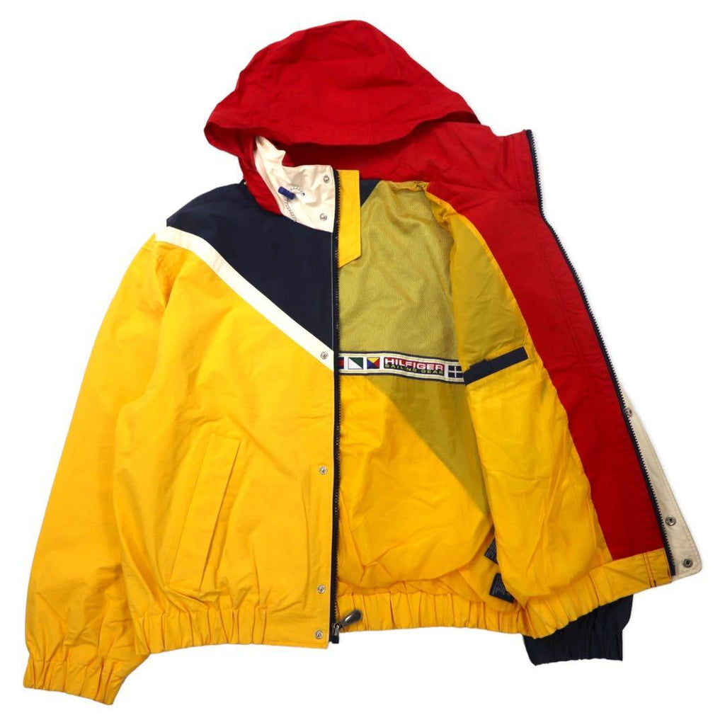 TOMMY HILFIGER Giacca a vela anni '90 L Giallo Blu navy Nylon Cappuccio a scomparsa