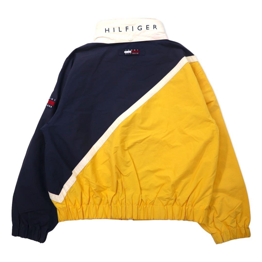 TOMMY HILFIGER Giacca a vela anni '90 L Giallo Blu navy Nylon Cappuccio a scomparsa
