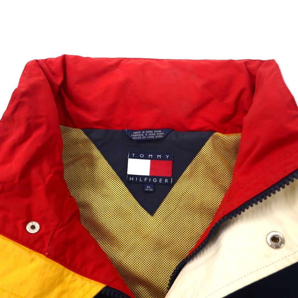 TOMMY HILFIGER Giacca a vela anni '90 L Giallo Blu navy Nylon Cappuccio a scomparsa