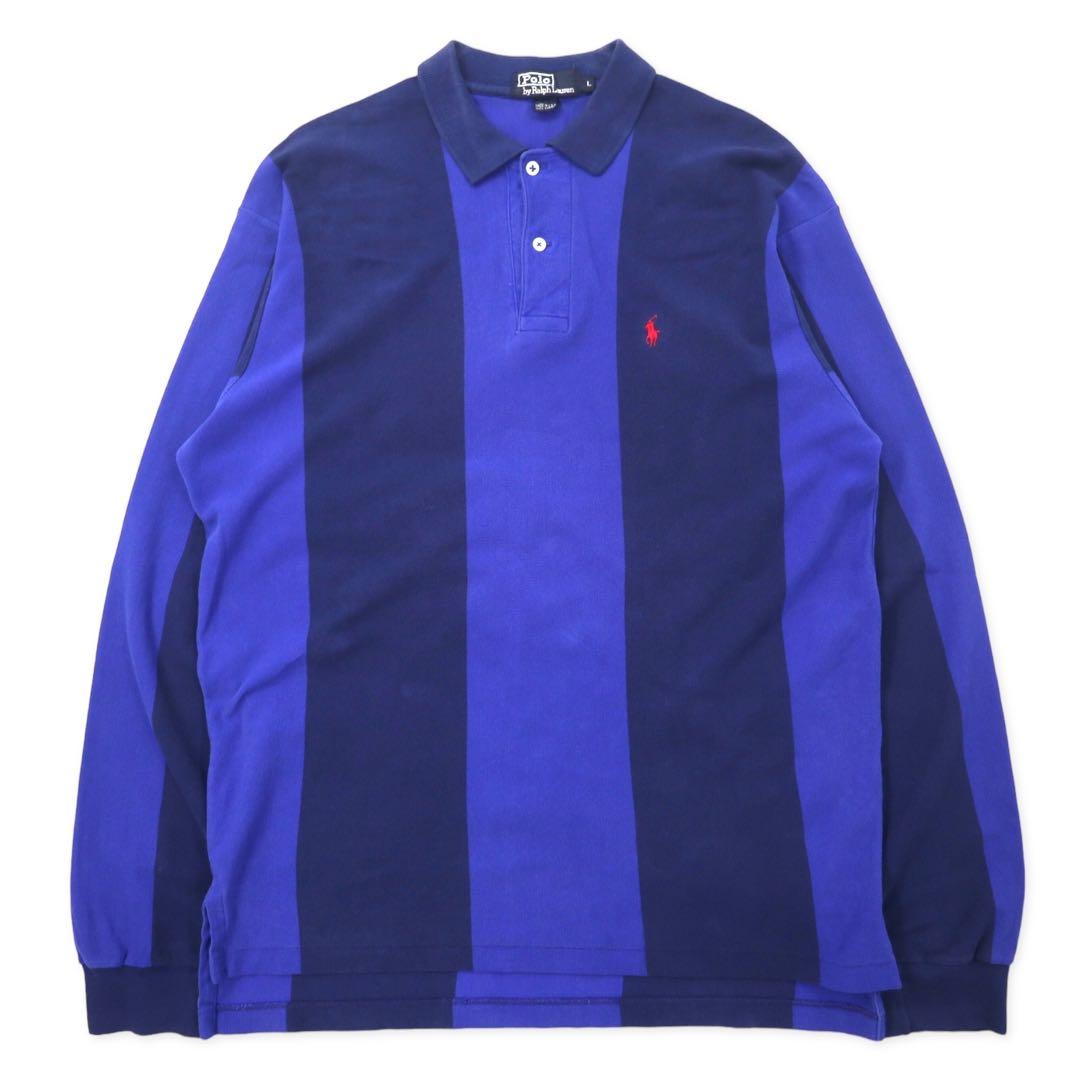 Polo Ralph Lauren made in USA, polo a maniche lunghe, maglia da rugby, taglia L, blu navy, a righe, in cotone, ricamo small pony, oversize