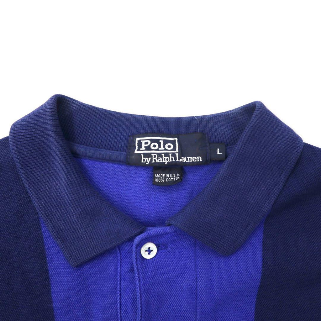 Polo Ralph Lauren made in USA, polo a maniche lunghe, maglia da rugby, taglia L, blu navy, a righe, in cotone, ricamo small pony, oversize