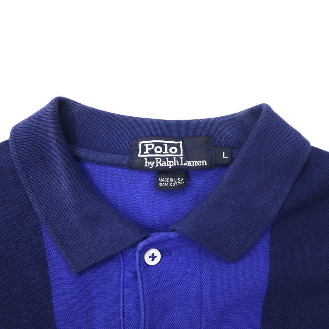 Polo Ralph Lauren made in USA, polo a maniche lunghe, maglia da rugby, taglia L, blu navy, a righe, in cotone, ricamo small pony, oversize