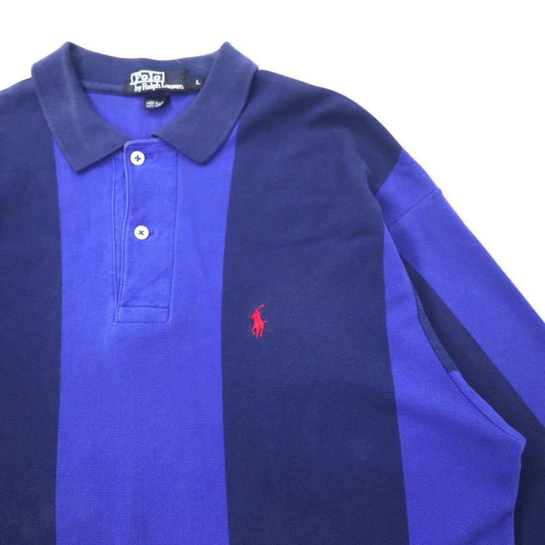 Polo Ralph Lauren made in USA, polo a maniche lunghe, maglia da rugby, taglia L, blu navy, a righe, in cotone, ricamo small pony, oversize