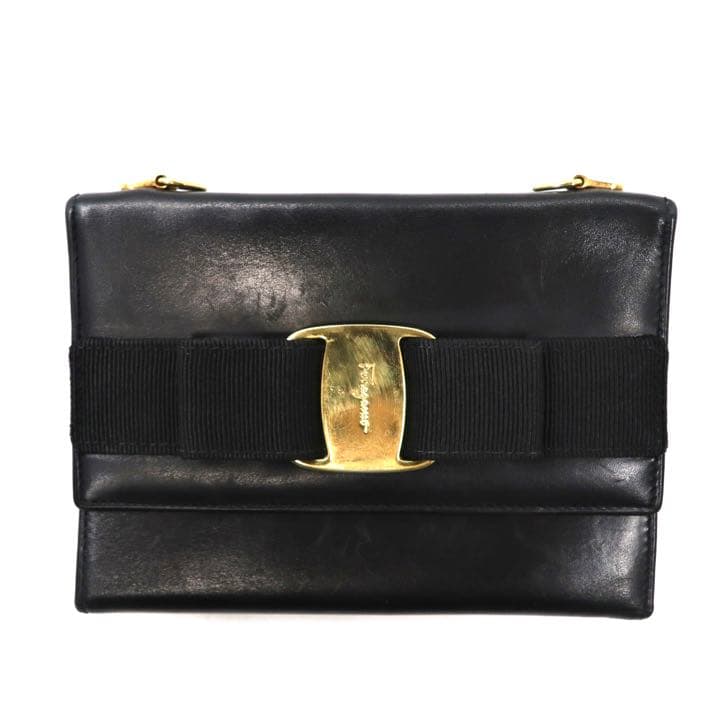 Salvatore Ferragamo 財布 ショルダーストラップ付属 ブラック レザー 22 5619 ヴァラリボン イタリア製