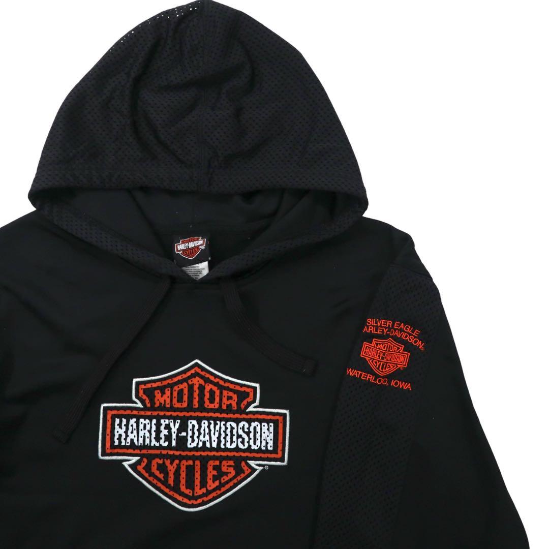 Felpa con cappuccio pullover HARLEY DAVIDSON con stampa logo, taglia XL, nera, inserti in mesh, traforata, oversize