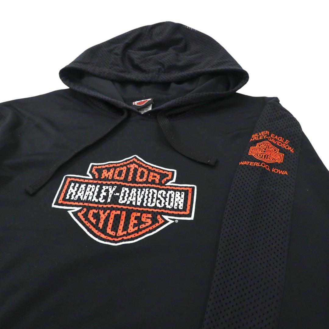 Felpa con cappuccio pullover HARLEY DAVIDSON con stampa logo, taglia XL, nera, inserti in mesh, traforata, oversize