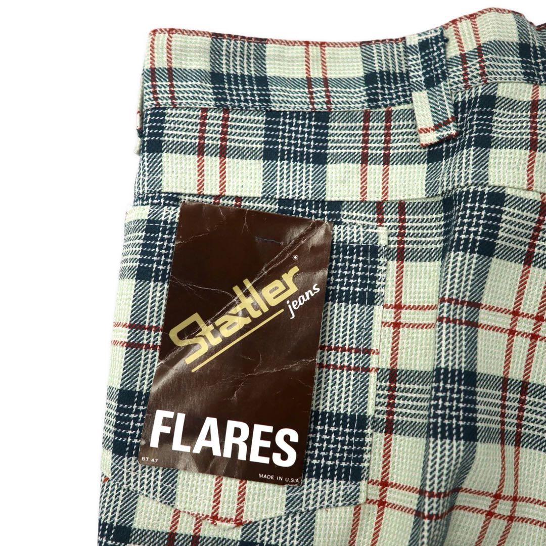 Statler Jeans USA anni '70, piega centrale, pantaloni a zampa d'elefante, svasati, W92, beige, a quadri, cotone, poliestere, cerniera PRENTICE, deadstock, nuovo con etichette.