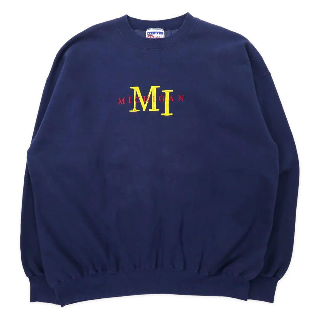 Hanes 90年代 ULTIMATE COTTON カレッジ刺繍 スウェット XL ネイビー コットン 裏起毛 MICHIGAN ビッグサイズ