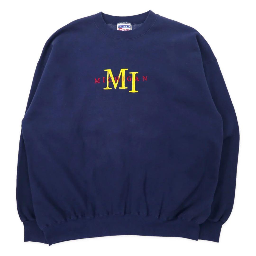 Hanes anni '90 ULTIMATE COTTON Felpa ricamata college XL blu navy cotone interno felpato MICHIGAN Taglia grande