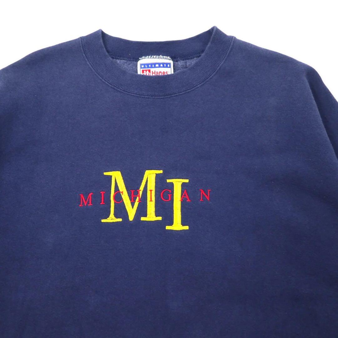 Hanes anni '90 ULTIMATE COTTON Felpa ricamata college XL blu navy cotone interno felpato MICHIGAN Taglia grande
