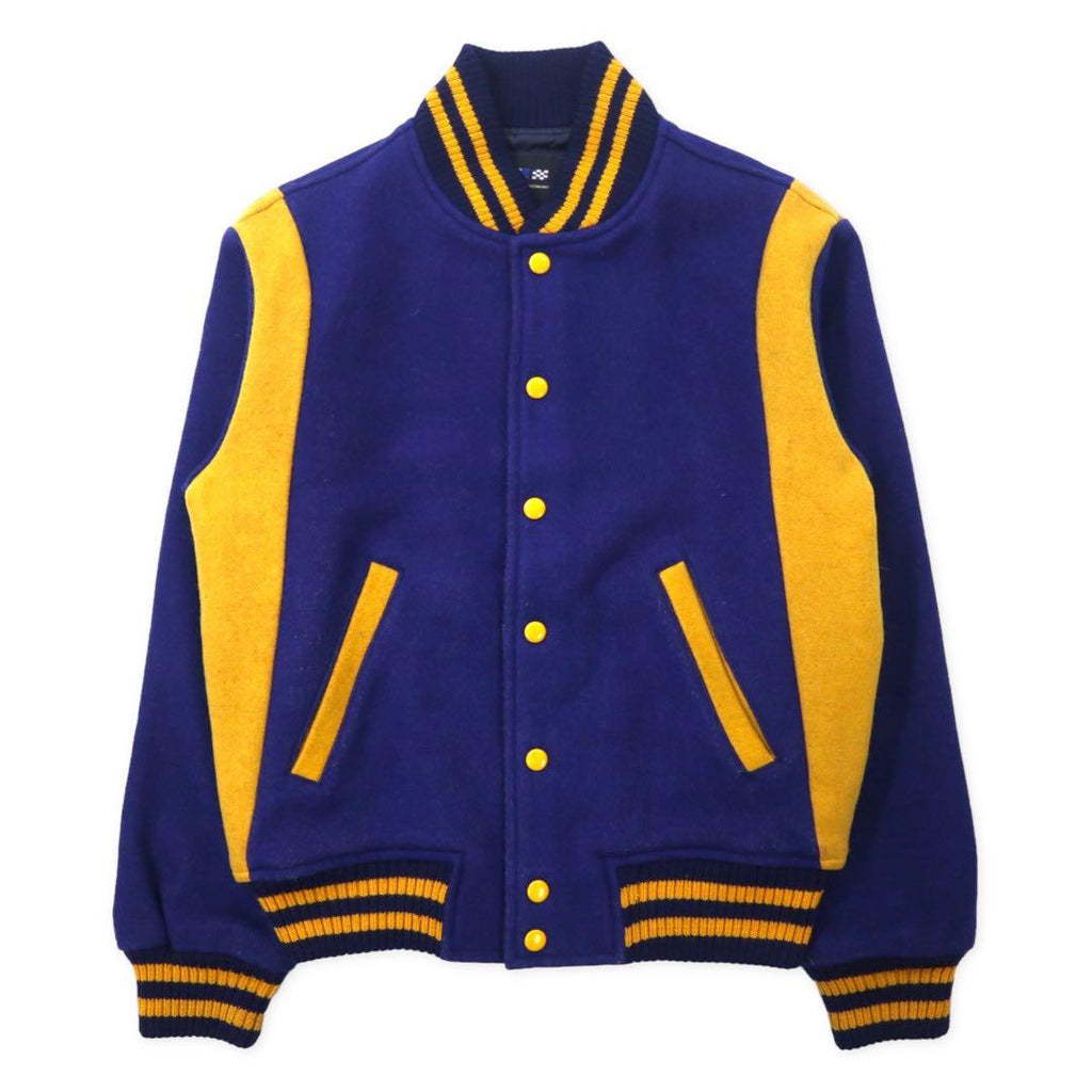 VAN -JAC- Giacca universitaria anni '70, taglia M, blu e giallo, lana, rifiniture a costine