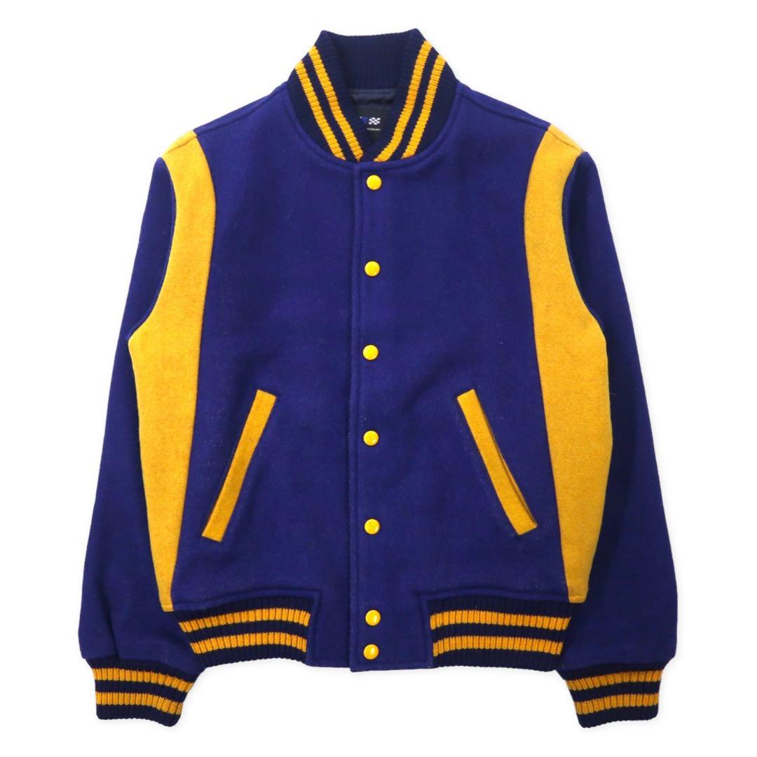VAN -JAC- Giacca universitaria anni '70, taglia M, blu e giallo, lana, rifiniture a costine