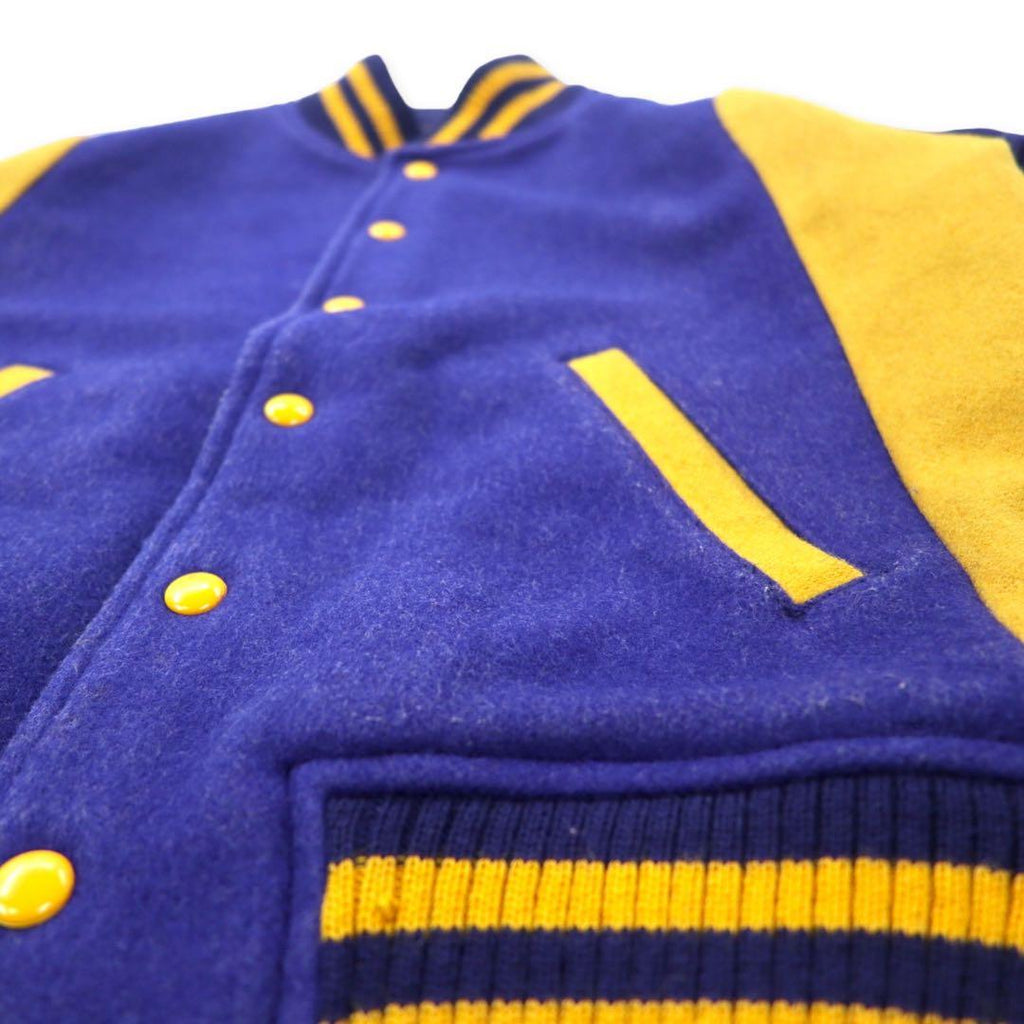 VAN -JAC- Giacca universitaria anni '70, taglia M, blu e giallo, lana, rifiniture a costine