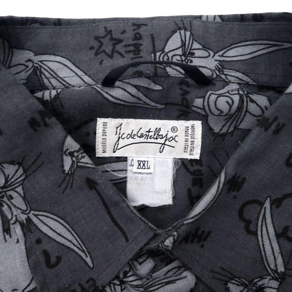 Camicia button-down fantasia all-over JC de CASTELBAJAC × Warner Bros con personaggi, XXL, grigia, cotone, Bugs Bunny, anni '90, Made in Italy