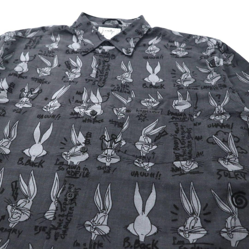 Camicia button-down fantasia all-over JC de CASTELBAJAC × Warner Bros con personaggi, XXL, grigia, cotone, Bugs Bunny, anni '90, Made in Italy