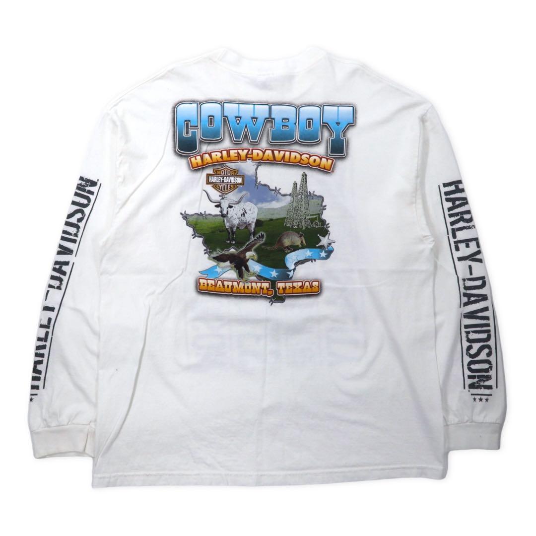 T-shirt a maniche lunghe HARLEY DAVIDSON con stampa logo, taglia 2XL, bianca, in cotone, stampa fronte-retro, logo sulle maniche, BEAUMONT, TEXAS, taglia abbondante, made in Messico