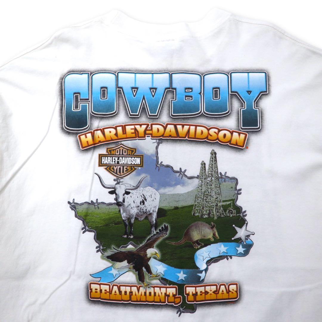 T-shirt a maniche lunghe HARLEY DAVIDSON con stampa logo, taglia 2XL, bianca, in cotone, stampa fronte-retro, logo sulle maniche, BEAUMONT, TEXAS, taglia abbondante, made in Messico