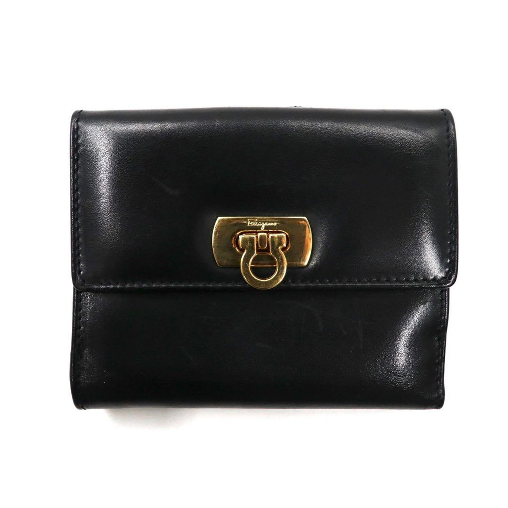 Salvatore Ferragamo 3つ折り財布 ブラック レザー ガンチーニ 金具 224059 イタリア製