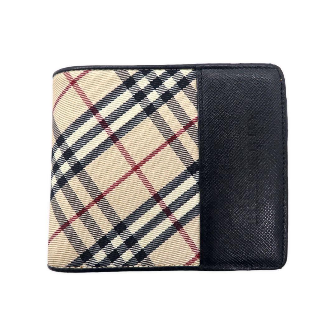 BURBERRY portafoglio compatto a due ante con motivo Nova Check, beige, nero, in tela nylon e pelle, scomparti multipli