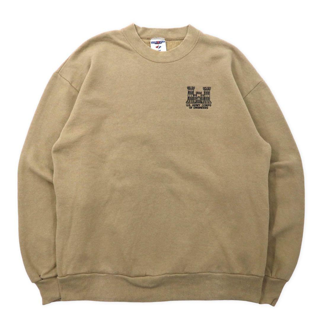 JERZEES USA製 90年代 ワンポイント 刺繍 スウェット L ベージュ コットン 裏起毛 U.S.ARMY CORPS OF ENGINEERS