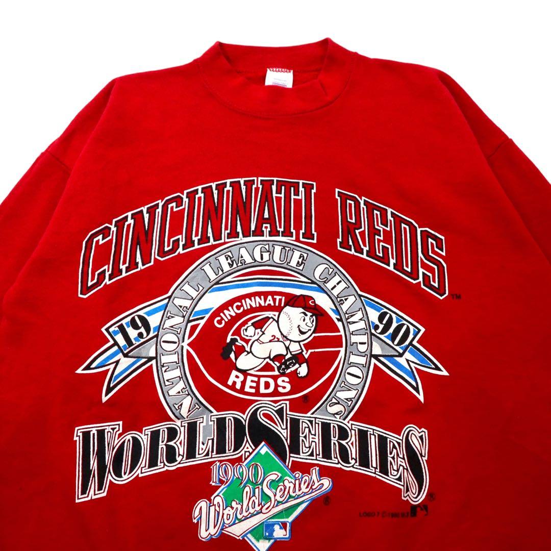 Felpa girocollo MLB CINCINNATI REDS, stampa baseball, taglia XL, rossa, in cotone, interno felpato, corpo LOGO7, anni '90, fabbricata negli USA.