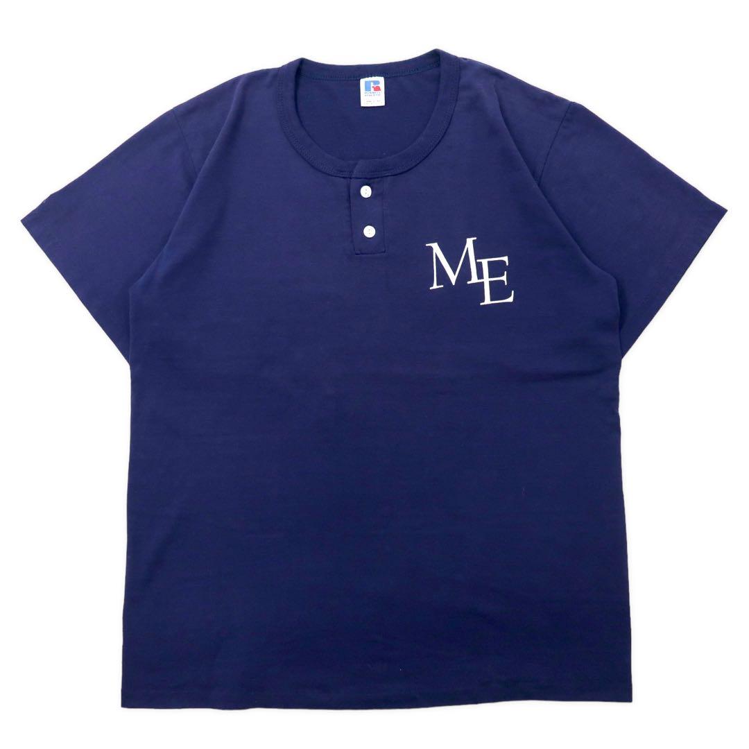 T-shirt RUSSELL ATHLETIC henley a maniche lunghe, anni '80, made in USA, taglia XL, blu navy, cotone, stampa posteriore McCANN-ERICKSON MEN'S SOFTBALL