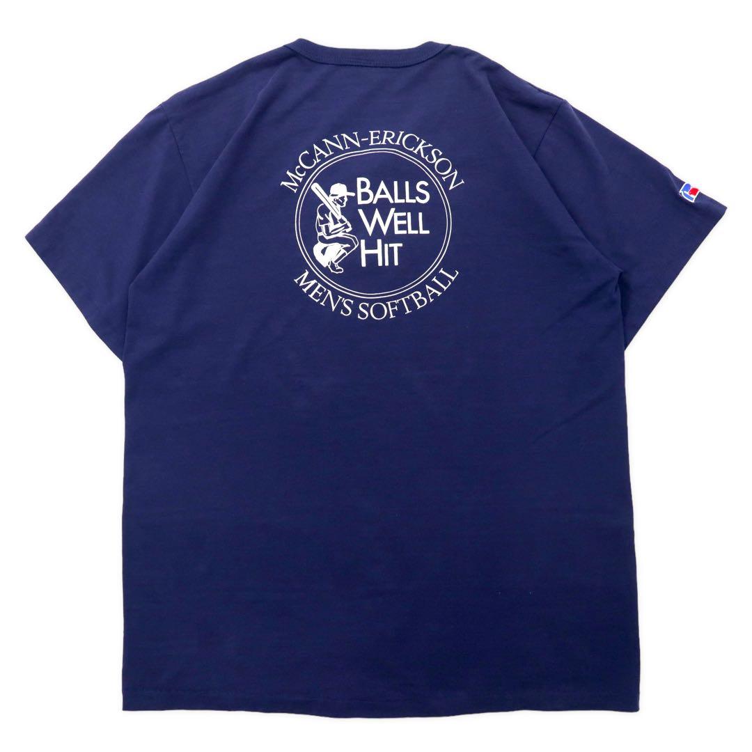 T-shirt RUSSELL ATHLETIC henley a maniche lunghe, anni '80, made in USA, taglia XL, blu navy, cotone, stampa posteriore McCANN-ERICKSON MEN'S SOFTBALL