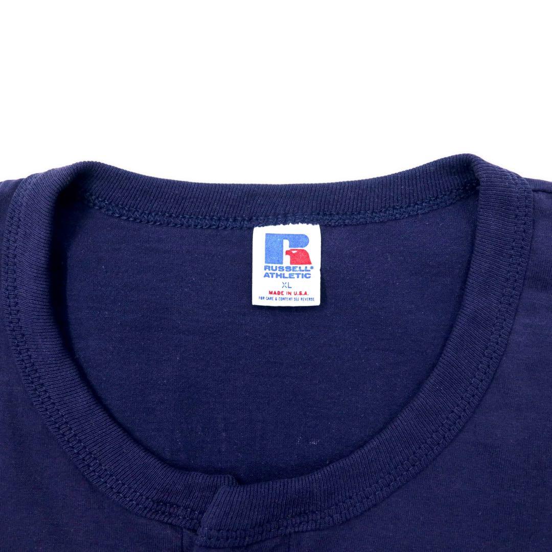 T-shirt RUSSELL ATHLETIC henley a maniche lunghe, anni '80, made in USA, taglia XL, blu navy, cotone, stampa posteriore McCANN-ERICKSON MEN'S SOFTBALL