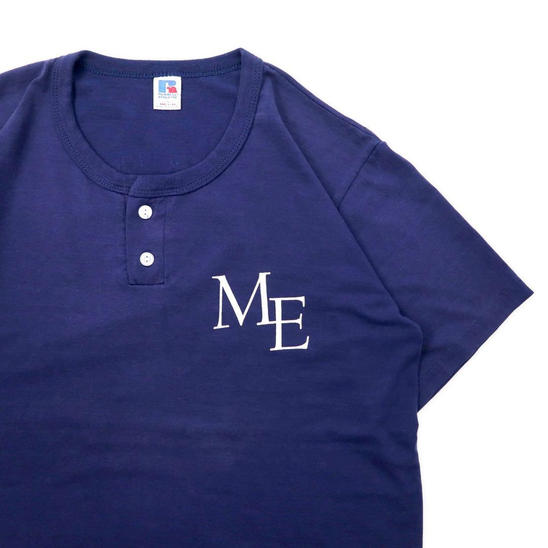 T-shirt RUSSELL ATHLETIC henley a maniche lunghe, anni '80, made in USA, taglia XL, blu navy, cotone, stampa posteriore McCANN-ERICKSON MEN'S SOFTBALL