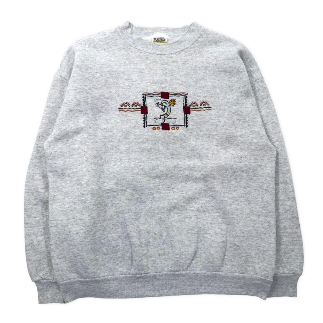 TULTEX anni '90 Kokopelli Indiano Ricamo Felpa L Grigio Cotone Fatta in Messico