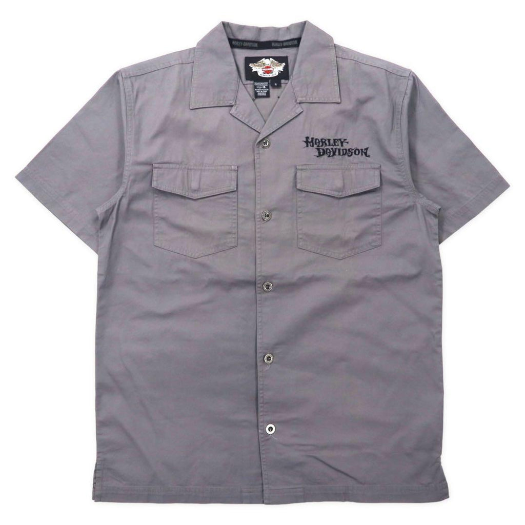 HARLEY DAVIDSON Camicia da lavoro a maniche corte, collo aperto, taglia S, colore grigio, in cotone, con logo ricamato sul retro