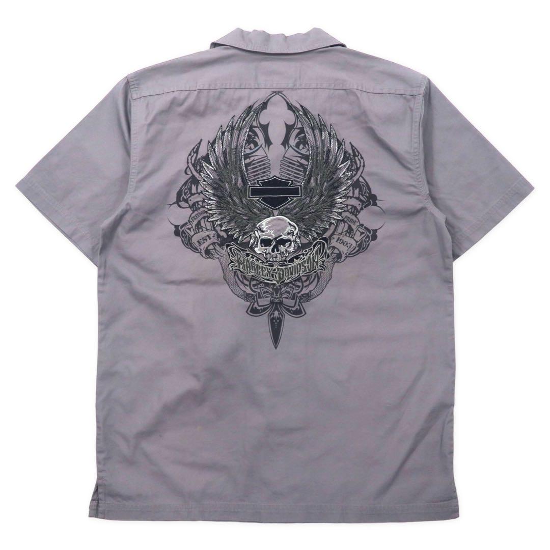 HARLEY DAVIDSON Camicia da lavoro a maniche corte, collo aperto, taglia S, colore grigio, in cotone, con logo ricamato sul retro
