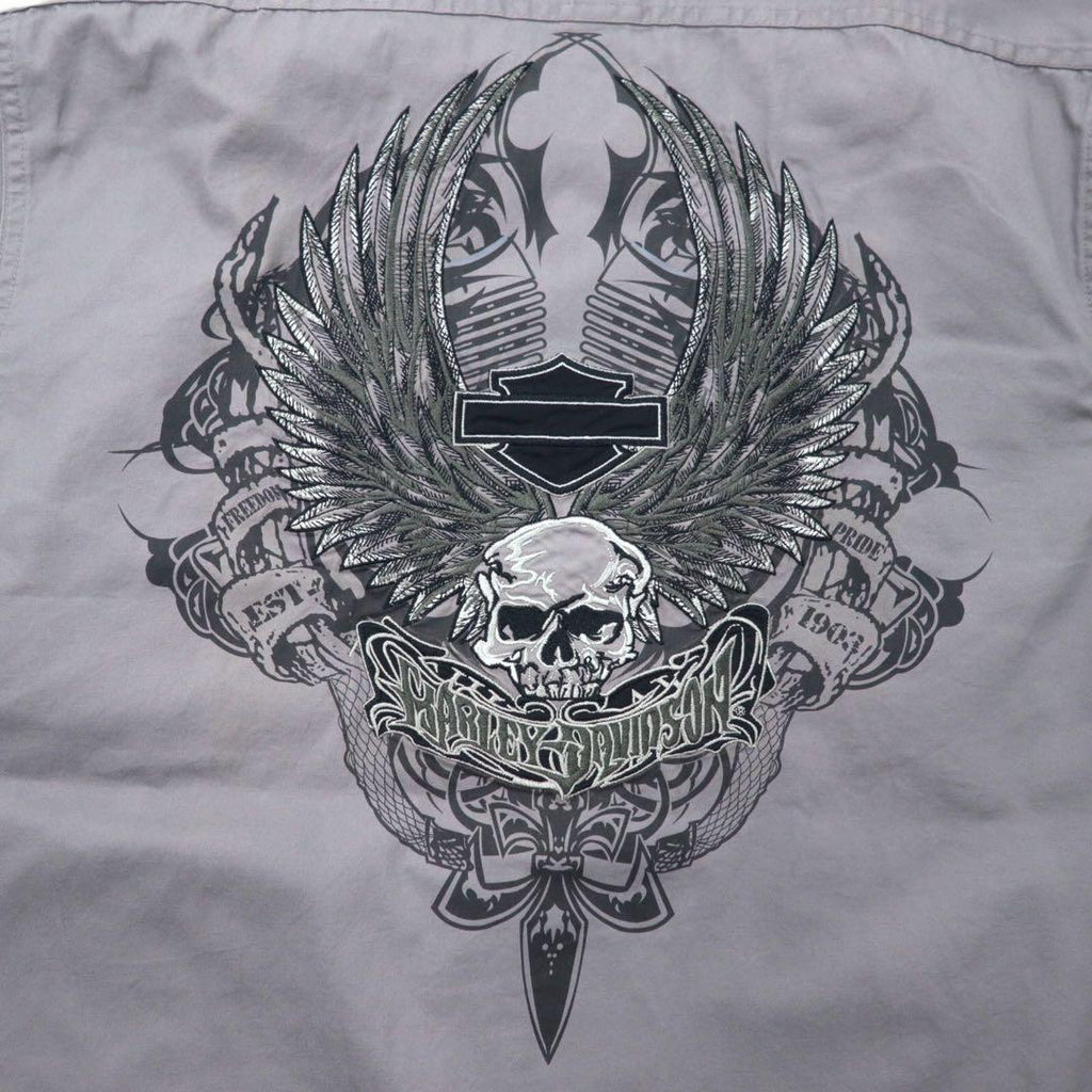 HARLEY DAVIDSON Camicia da lavoro a maniche corte, collo aperto, taglia S, colore grigio, in cotone, con logo ricamato sul retro
