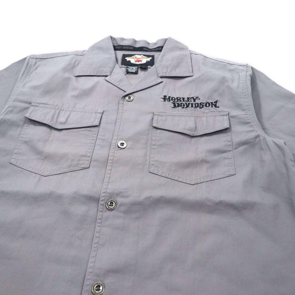 HARLEY DAVIDSON Camicia da lavoro a maniche corte, collo aperto, taglia S, colore grigio, in cotone, con logo ricamato sul retro