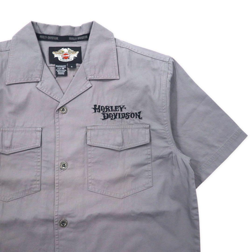 HARLEY DAVIDSON Camicia da lavoro a maniche corte, collo aperto, taglia S, colore grigio, in cotone, con logo ricamato sul retro