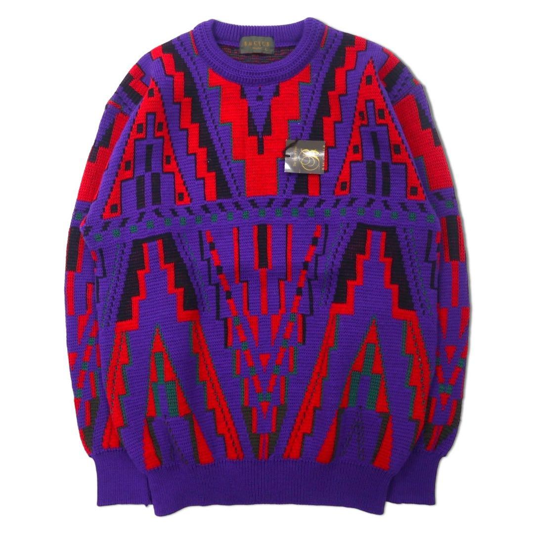 BM CLUB Anni '90 Maglione in maglia a fantasia L Rosso Blu Acrilico Lana Prodotto in Giappone Nuovo con etichette