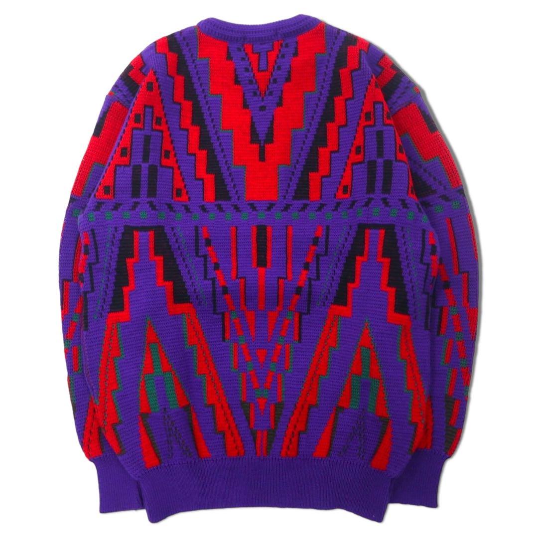 BM CLUB Anni '90 Maglione in maglia a fantasia L Rosso Blu Acrilico Lana Prodotto in Giappone Nuovo con etichette
