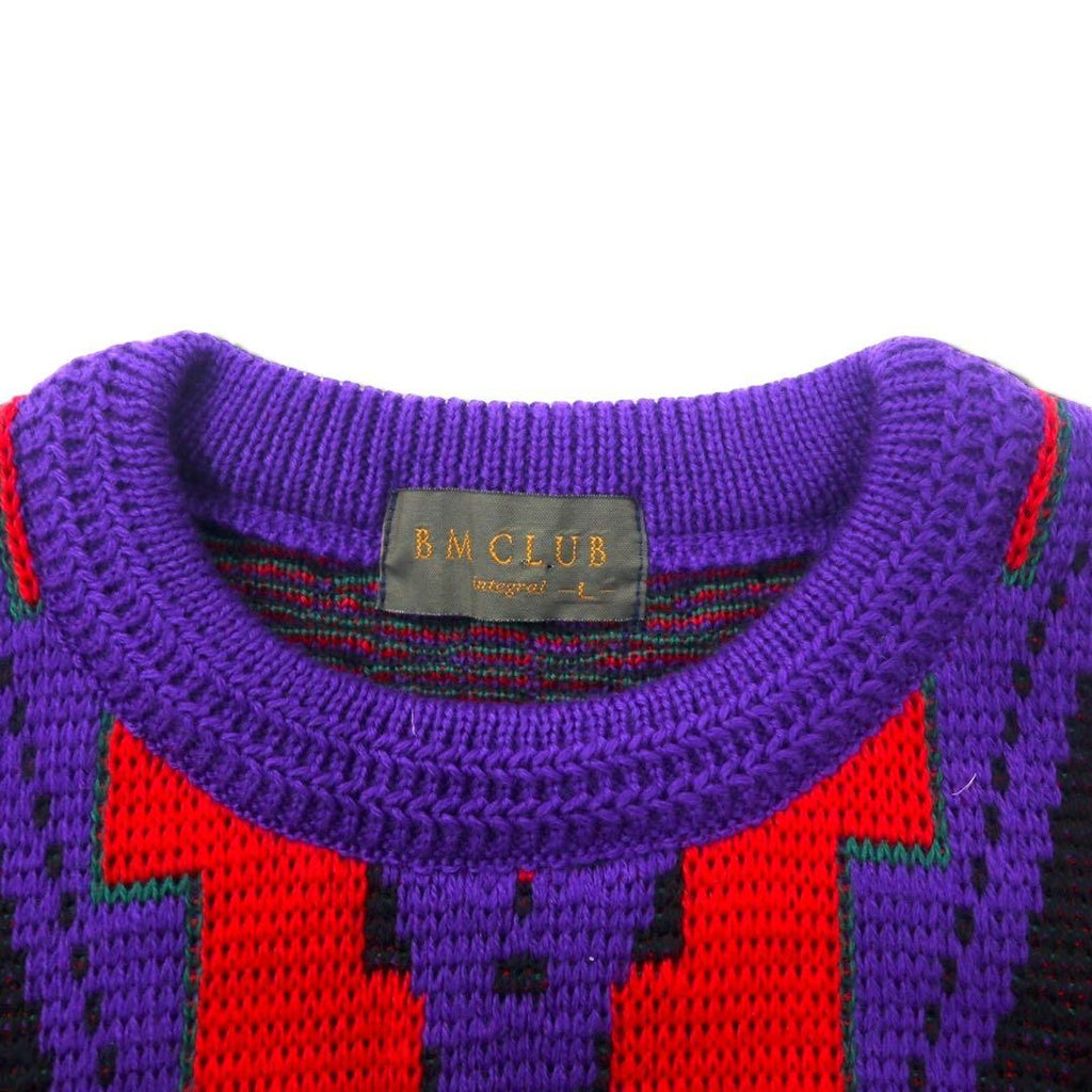 BM CLUB Anni '90 Maglione in maglia a fantasia L Rosso Blu Acrilico Lana Prodotto in Giappone Nuovo con etichette