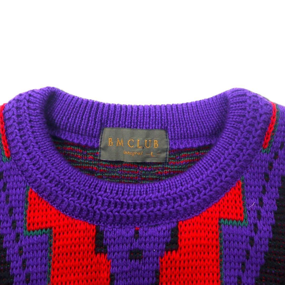 BM CLUB Anni '90 Maglione in maglia a fantasia L Rosso Blu Acrilico Lana Prodotto in Giappone Nuovo con etichette