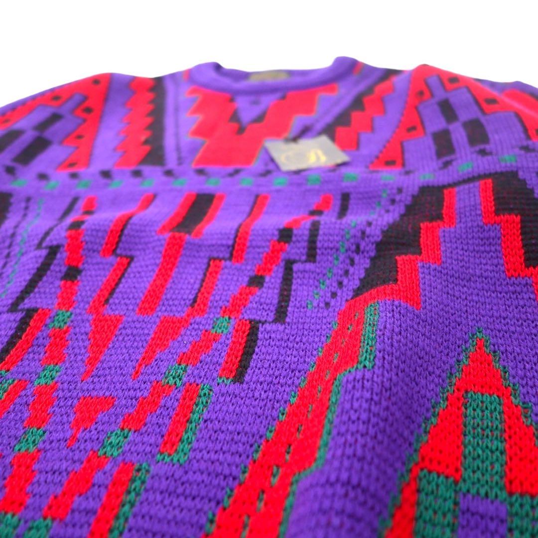 BM CLUB Anni '90 Maglione in maglia a fantasia L Rosso Blu Acrilico Lana Prodotto in Giappone Nuovo con etichette
