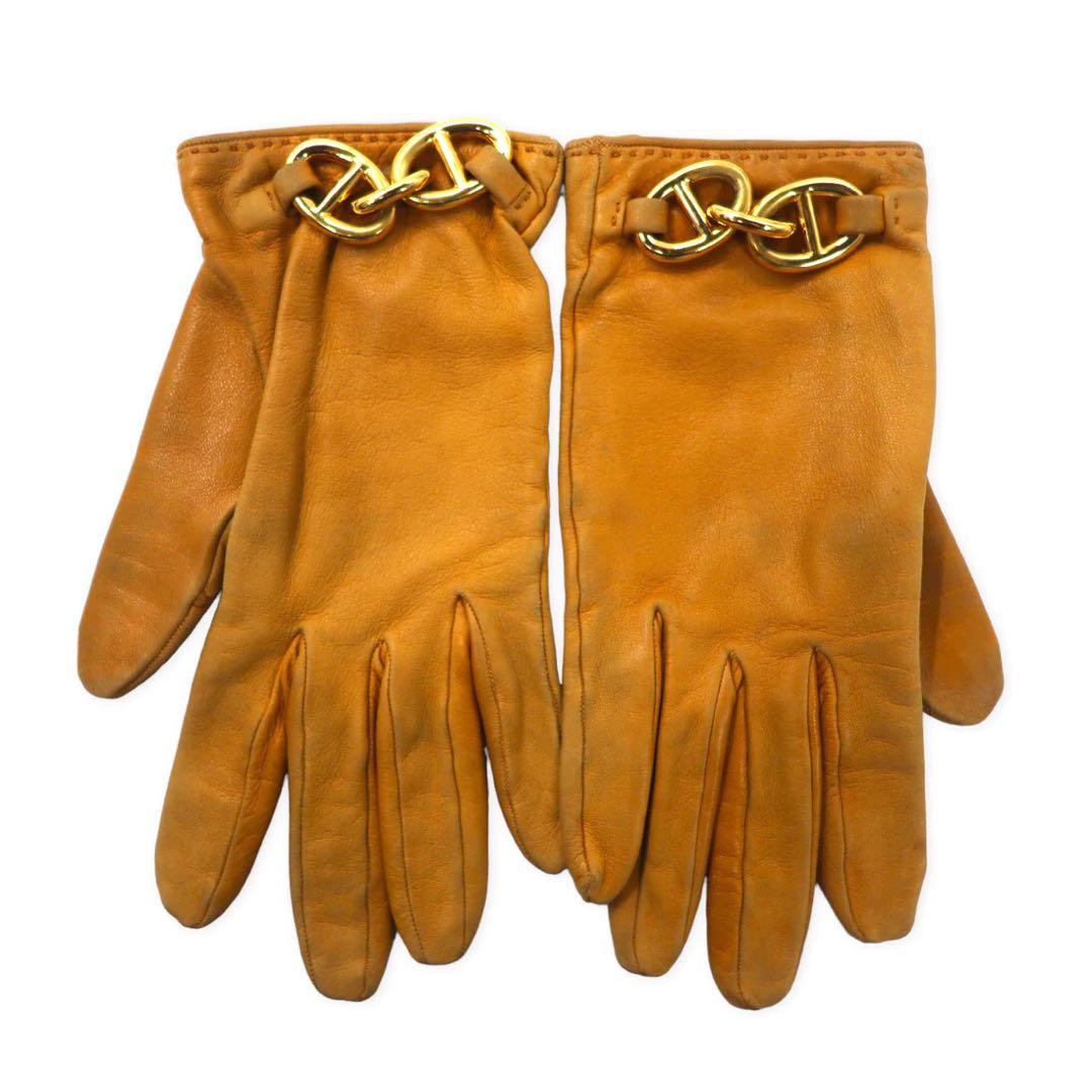 HERMES Guanti in pelle Chaine d'Ancre Made in France, taglia 6 1/2, colore beige