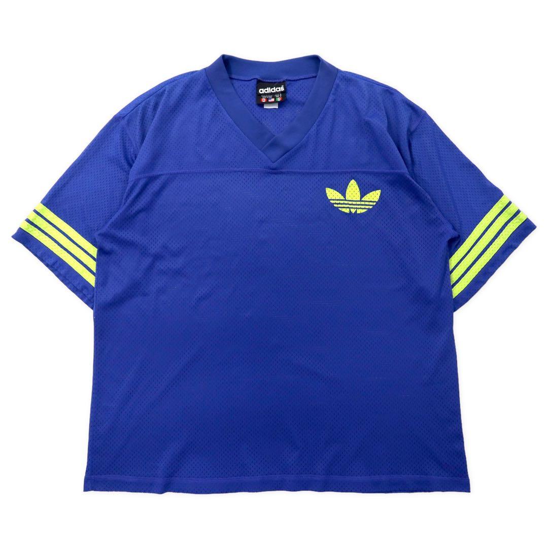 adidas 90年代 USA製 万国旗タグ Vネック メッシュ ゲームシャツ L ブルー トレフォイルロゴ ビッグサイズ