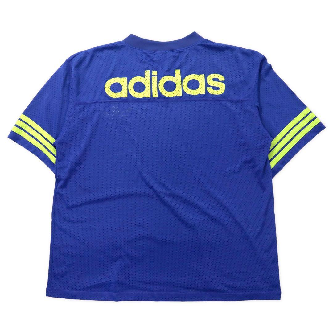 adidas 90年代 USA製 万国旗タグ Vネック メッシュ ゲームシャツ L ブルー トレフォイルロゴ ビッグサイズ