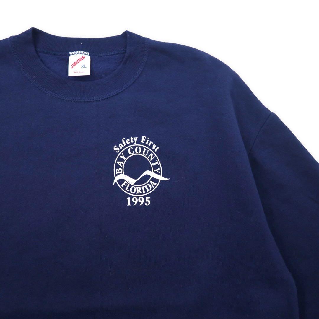 Felpa stampata JERZEES Made in USA anni '90, taglia XL, blu navy, cotone, interno felpato, BAY COUNTY FLORIDA