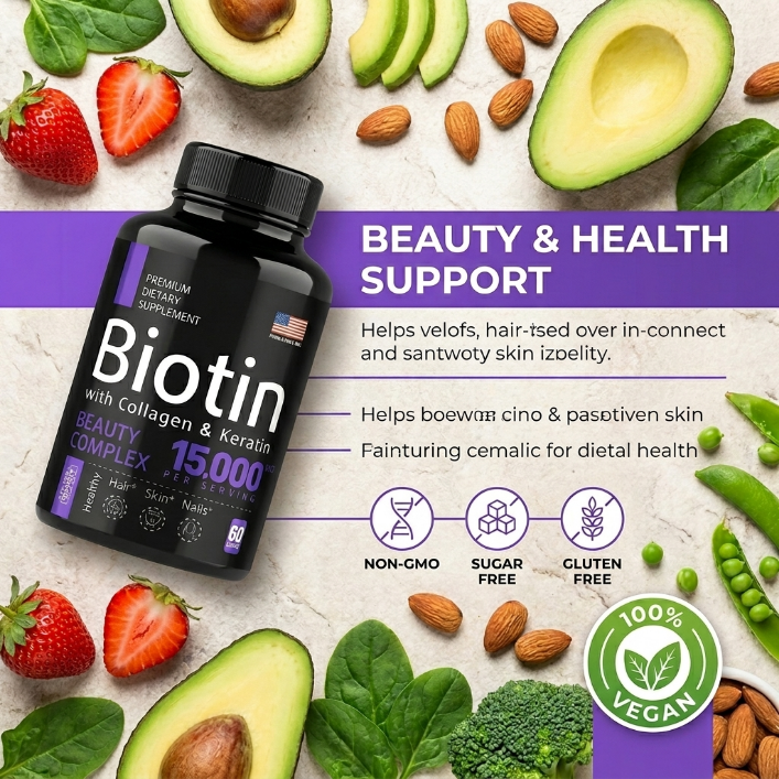 Biotin 15,000mcg Capsules | Zinc, B12, D3 & Folate | Hair & Nail Health
