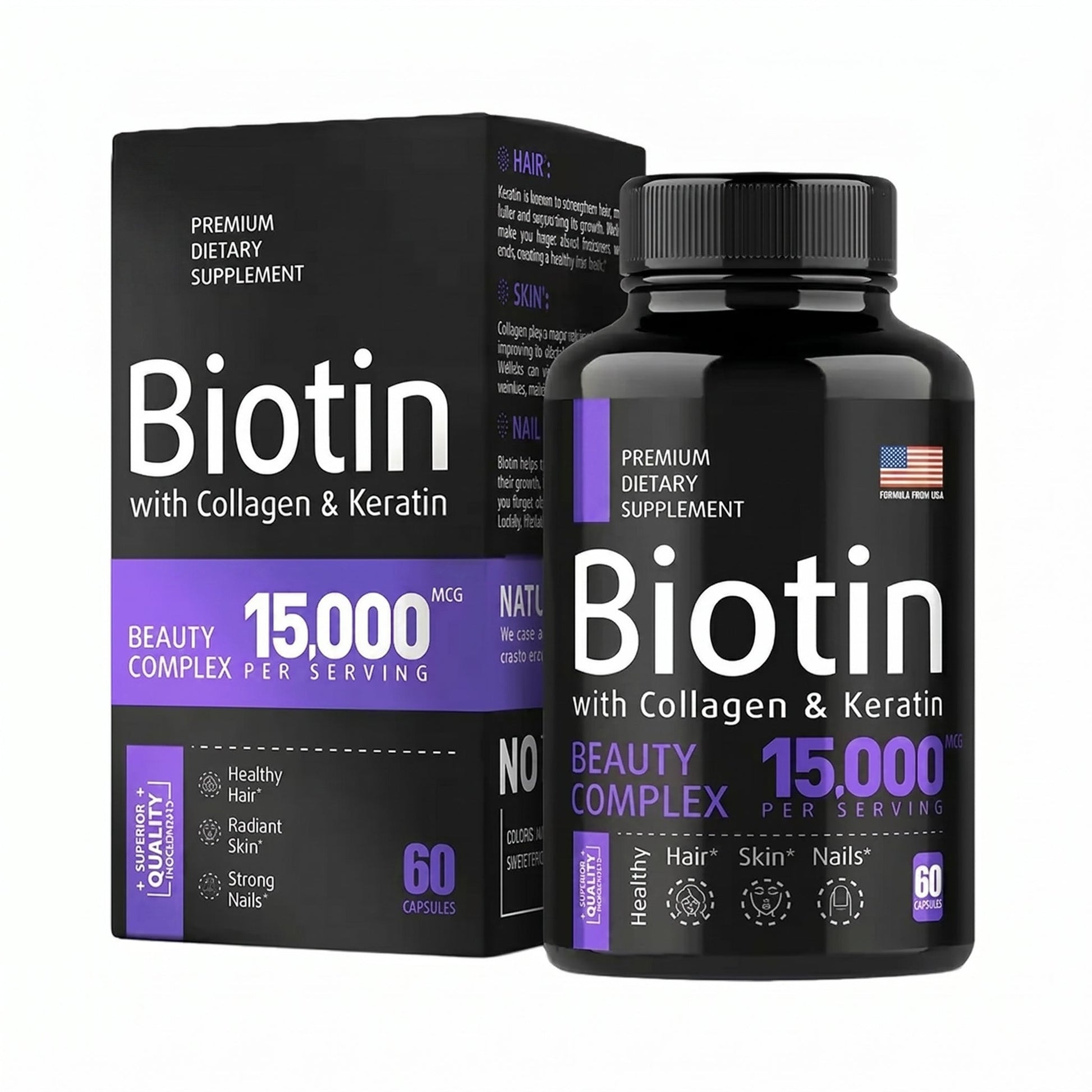 Biotin 15,000mcg Capsules | Zinc, B12, D3 & Folate | Hair & Nail Health